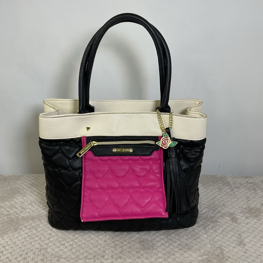Betsey Johnson Quilted Black Pink Heart Embroidered Shoulder Bag